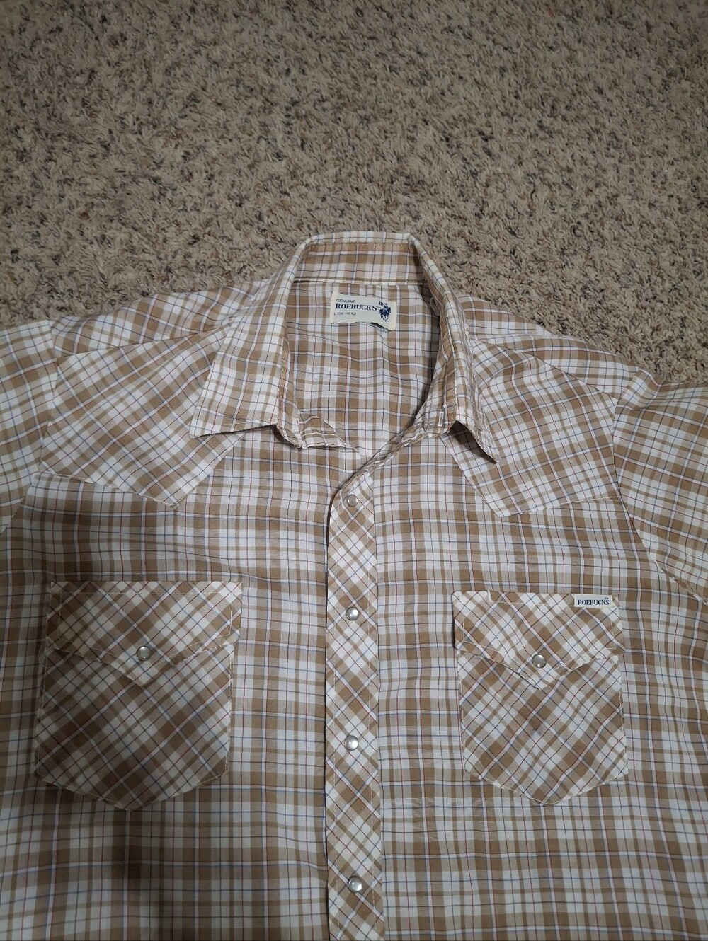 ROEBUCKS Beige and White Plaid Pearl Snap Western Shirt. Vintage.